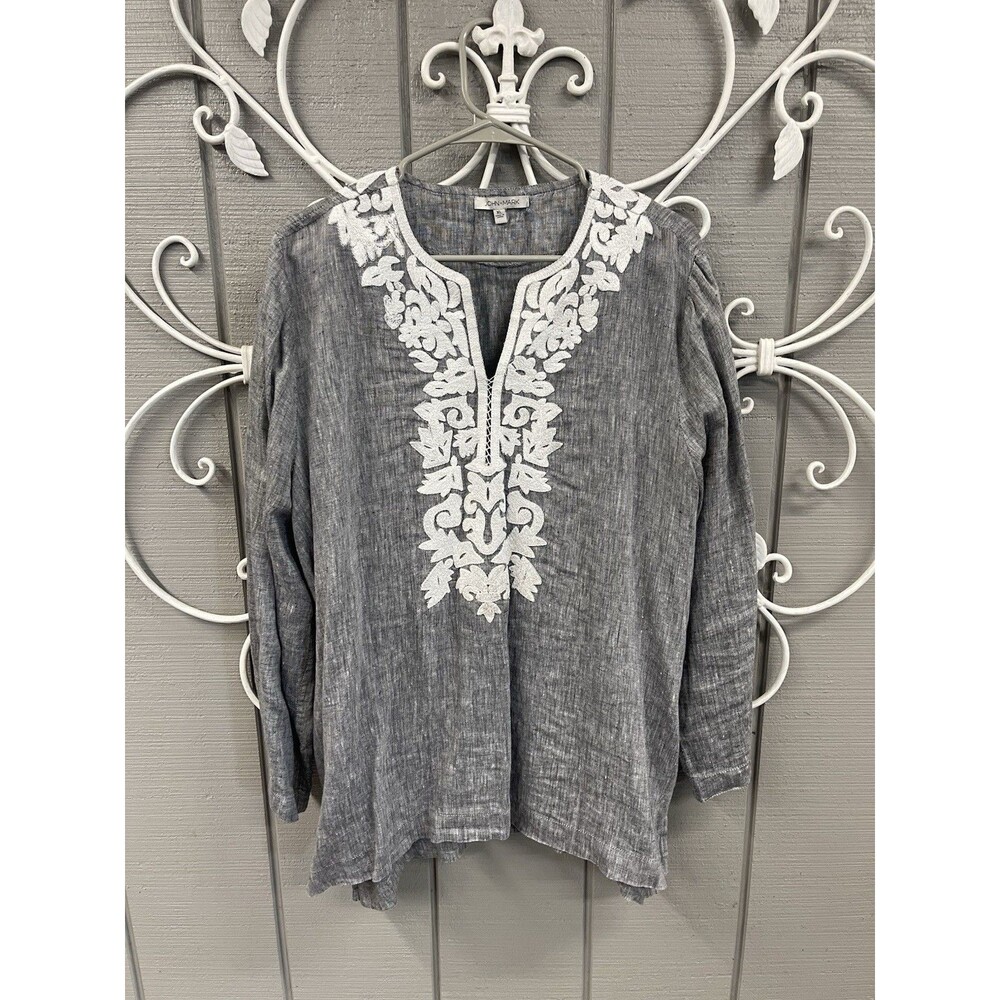 John Mark Women XL Gray White Embroidered Tunic Top Boho 3/4 Sleeve